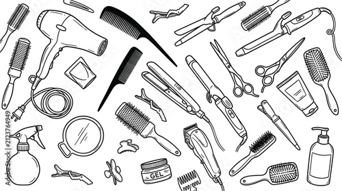 Hairdressing and salon equipment seamless pattern set with hair dryer curling iron hair straightener scissors combs line art sketch vector illustration