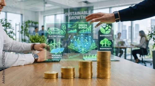 Business team discussing sustainable growth strategy with holographic ESG metrics and stacked gold coins on table, symbolizing green finance investment in renewable energy