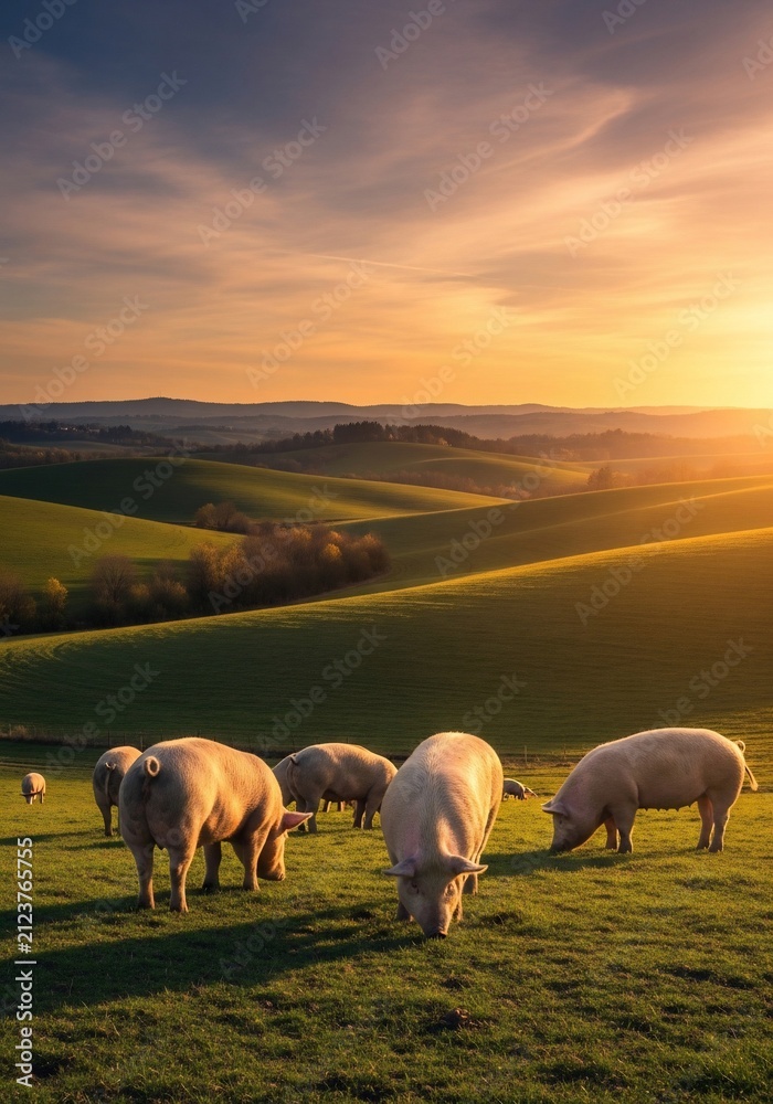 Fototapeta premium Golden Hour Grazing: A Symphony of Rolling Hills and Serene Swine