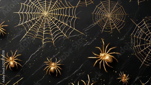 Golden spiders crawling on webs against dark background spooky Halloween concept Many Black spiders and web shapes Halloween celebration theme