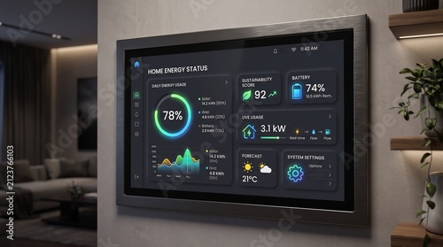 Smart home energy monitoring system displaying real time sustainability metrics on wall mounted digital interface with sustainability scores modern living space