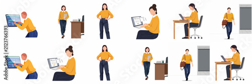 Professional Business Woman in Various Office Poses and Activities Flat Vector Illustration Set