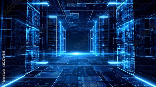 Abstract Futuristic Data Center Network Background with Glowing Blue Technology
