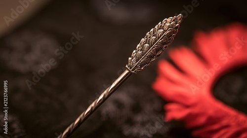 hairpin. An ornate hairpin and a vibrant red collar on a dark textile background. event programs, museum guides, designed for cultural heritage projects and event programs, used by devops engineers.