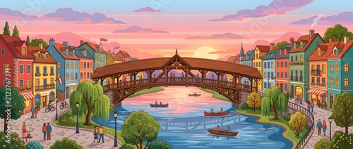 Charming riverside town scene with covered bridge at sunset illustration