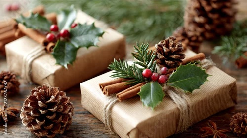 Rustic Christmas gift boxes decorated with natural elements on wooden table presents decorated with pinecones cinnamon sticks holly berries Concept of eco-friendly Christmas