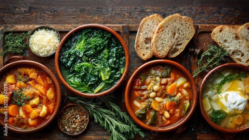 Assorted healthy vegetable soups with greens and bread on rustic wooden table Make-Ahead Fall Soups concept of healthy homemade comfort food