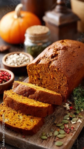 Freshly baked pumpkin bread with spices on rustic wooden table surface Loaf of pumpkin bread sliced on a wooden board nuts and spices visible inside autumnal homemade baking concept
