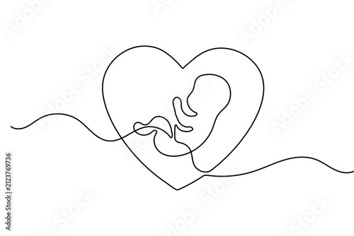 Fetus line art continuous drawing depicting a baby inside a heart shape with  vector.