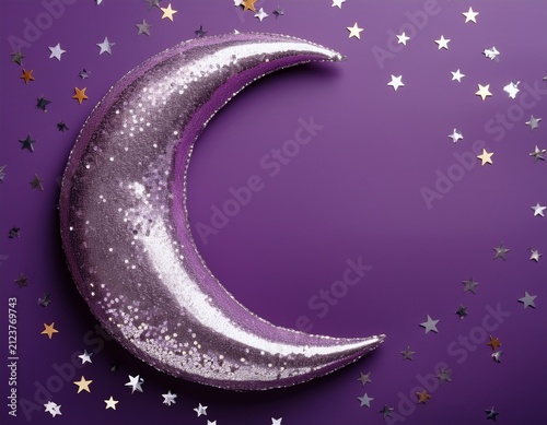 Top view of dark lilac background with many silver glitters in shape of moon with copy space