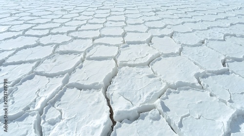 Aerial close-up perspective of a white salt flat crust showing intricate hexagonal cracked patterns across the dry desert landscape