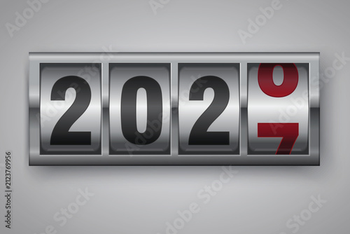 Vector illustration of a mechanical counter changing to 2027. Metallic score wheels turn from 2026 to 2027 inside a silver frame against a light gray background.