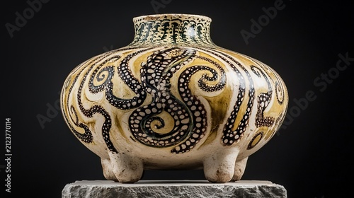 amphora. A restored ceramic amphora on a stone pedestal, painted with intricate spiral and octopus tentacle patterns. event programs.