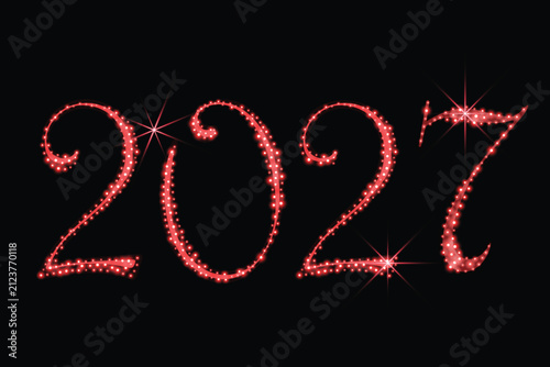 Vector illustration of 2027 written with sparkling red dust. Glowing stardust particles and shining stars create a festive New Year design on a dark background.