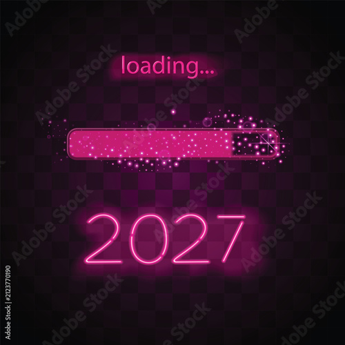Vector illustration of 2027 loading progress bar with glowing pink neon effect. Sparkling cyan dust and glowing status bar shine against a dark grid background, creating a modern New Year concept.
