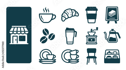 Obraz na płótnie Minimalist coffee shop and bakery icon set including cafe storefront, steaming cup, croissant, coffee beans, grinder, gooseneck kettle, takeaway cup, and pastry display case