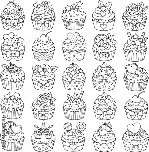 фотографія Set of twenty five hand drawn cupcakes for coloring book page with various toppi