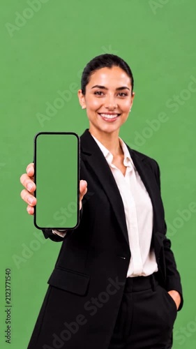 Woman Holding Smartphone with Green Screen Display Toward Camera, Mobile App Mockup, Digital Presentation, Blank Screen, Business Technology, Isolated Background, Vertical Video