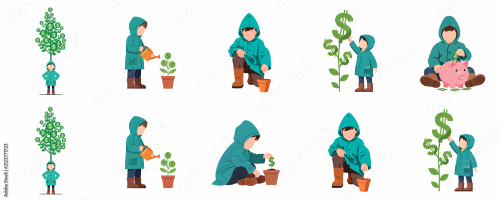 Naklejka premium Set of illustrations depicting a child growing a money tree, planting dollar signs, and saving money in a piggy bank for financial literacy and investment education concepts.