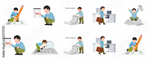 Konstfotografi Businessman auditor character set performing financial analysis, data investigation, and accounting tasks in flat vector illustration style