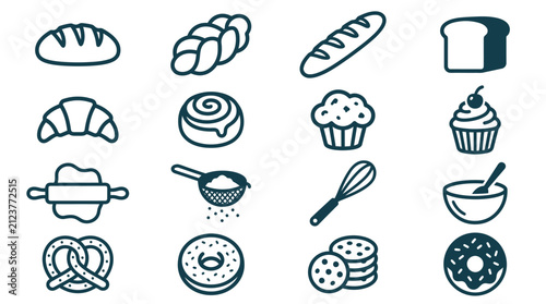 Obraz na płótnie Vector icon set of bakery items and kitchen tools including bread, croissant, baguette, muffin, cupcake, rolling pin, sifter, whisk, bowl, pretzel, donut, and cookies on white