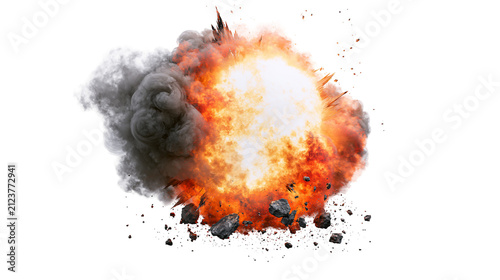 Fiery explosion with dark smoke and flying debris, isolated on transparent background