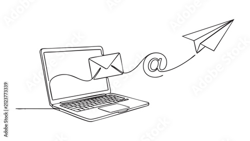 Continuous Single Line Drawing of Laptop Computer Sending Digital Mail and Paper Airplane Symbolizing Global Connectivity and Modern Communication