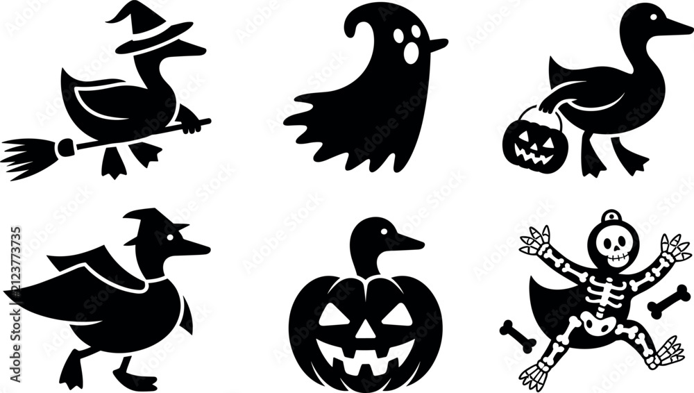 Fototapeta premium Funny Halloween vector set featuring duck silhouettes in spooky costumes, ghosts, and skeletons