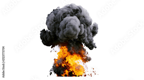 Obraz na plátně Massive dark grey smoke cloud erupting from bright orange flames, isolated on tr