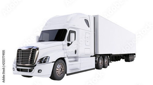Bild auf Leinwand White semi-trailer truck with chrome grille and large cargo box, isolated on tra