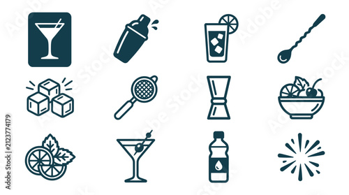 Foto Set of twelve dark blue minimalist cocktail and mixology line icons featuring a shaker, jigger, strainer, bar spoon, martini glasses, ice cubes, citrus garnishes, and bar tools
