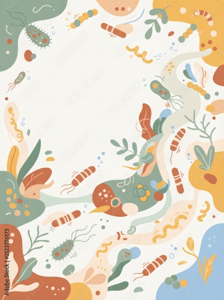 Fototapeta premium Microorganism background with colorful bacteria and virus shapes. Abstract medical illustration for laboratory research. Biological science pattern with copy space for scientific design.