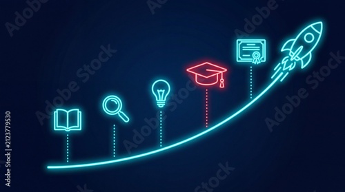 Glowing neon education development timeline featuring bright rocket launch with graduation cap diploma book magnifying glass and idea lightbulb icons on dark blue background