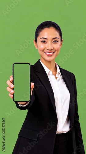 Asian Woman Holding Smartphone with Green Screen Display Toward Camera, Mobile App Mockup, Digital Presentation, Blank Screen, Business Technology, Isolated Background