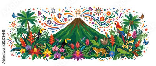 Canvas Print Costa Rica Tropical Volcano Landscape with Exotic Wildlife and Lush Jungle Flora