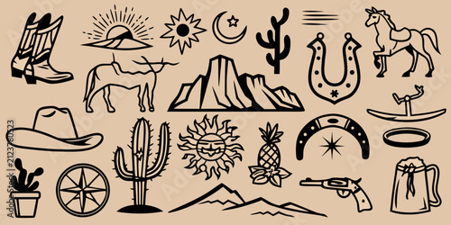 Obraz na płótnie Western themed Black Sketches On A Tan Background