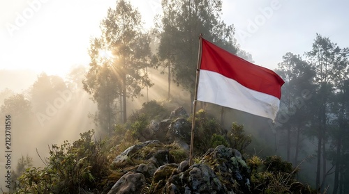 Red And White Fabric Indonesian independence Flag Waves at Indonesian Nature and Urban Landscape, made by Ai