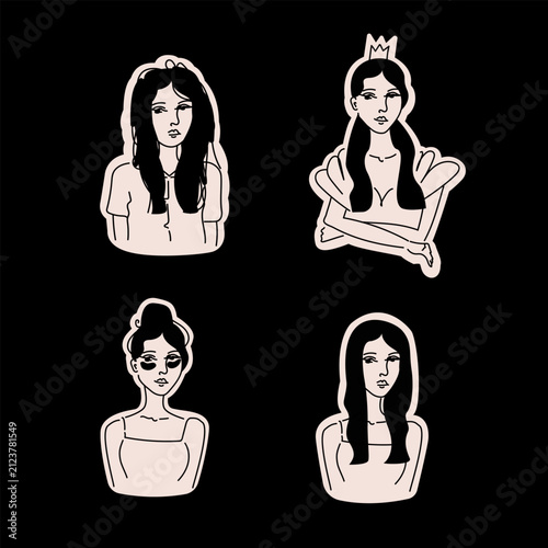 These stylized figures, rendered in cream-colored outlines on a solid black background, depict various characters: a casual woman with unkempt hair, a princess with a crown and folded arms, a girl wit