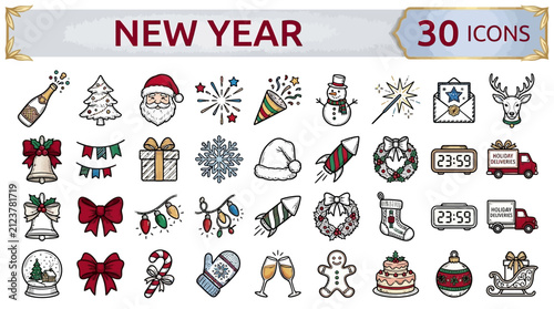 New Year icon set, 30 Christmas holiday vector elements, festive winter celebration icons