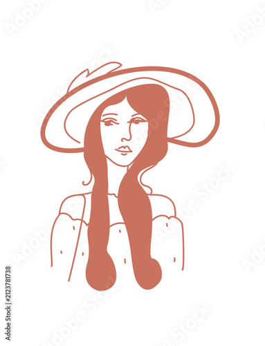 Hand-drawn line art portrait of a stylish girl with long hair and a vintage sun hat. Stylized artistic female silhouette designed in a minimalist boho chic aesthetic using warm earth-tone outlines. Id