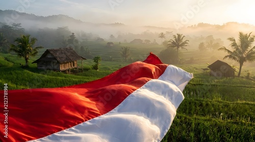 Red And White Fabric Indonesian independence Flag Waves at Indonesian Nature and Urban Landscape, made by Ai