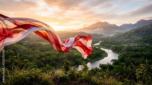 Red And White Fabric Indonesian independence Flag Waves at Indonesian Nature and Urban Landscape, made by Ai