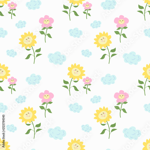 Cute seamless pattern with smiling cartoon sunflowers, pink flowers, and fluffy blue clouds on a white background. Sweet childish repeating vector texture in soft pastel colors. Ideal for kids' appare