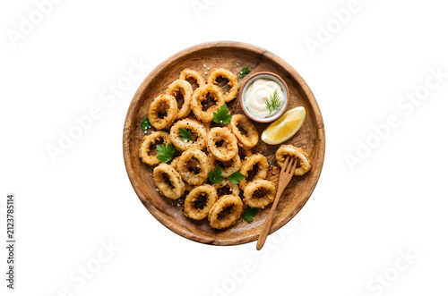 Squid rings served on a wooden plate, top view, isolated on a white background in a clean flat vector style.