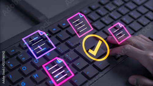A close-up view of hands holding a pen ready to approve documents, illustrated with colorful checkmark icons, representing meticulousness in project management and team collaboration.AI