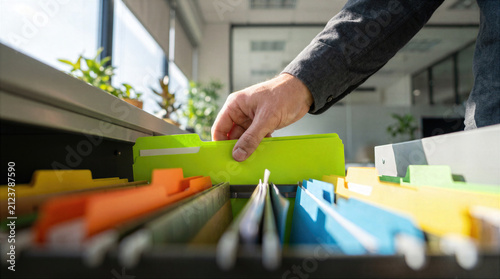 Person retrieves a document from organized filing cabinet drawer filled with colorful folders. Efficient office storage and paperwork management for business administration, records, and data.