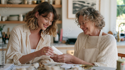 Zero waste consultant and her estranged mother examining a collection of repurposed household items together in a luxury kitchen interior, their tentative body language and close