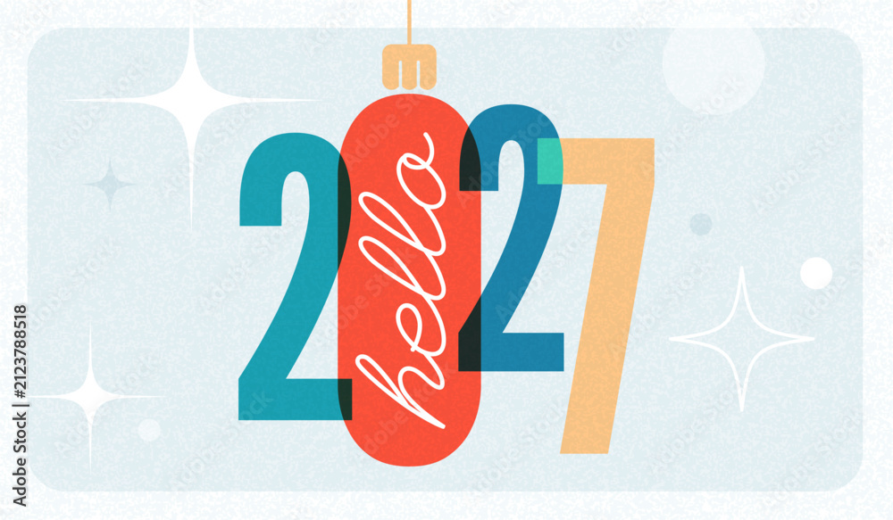 Obraz premium 2027 hello new year retro 60s vintage typography lettering with сhristmas tree ball