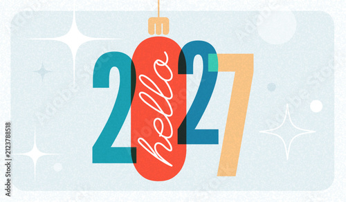 2027 hello new year retro 60s vintage typography lettering with сhristmas tree ball
