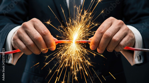 Businessman hands hold broken wire with spark and electricity. Danger and risk concept warns of shock hazard, crisis, failure. Business problem, accident, loss demand emergency repair and safety